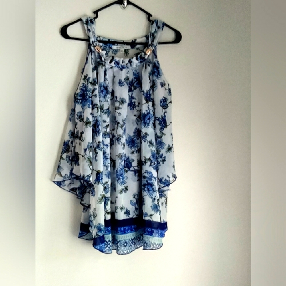 Lynn Ryan Blouse Women XL Blue & White Floral Top Elegant Resort Vacation Office